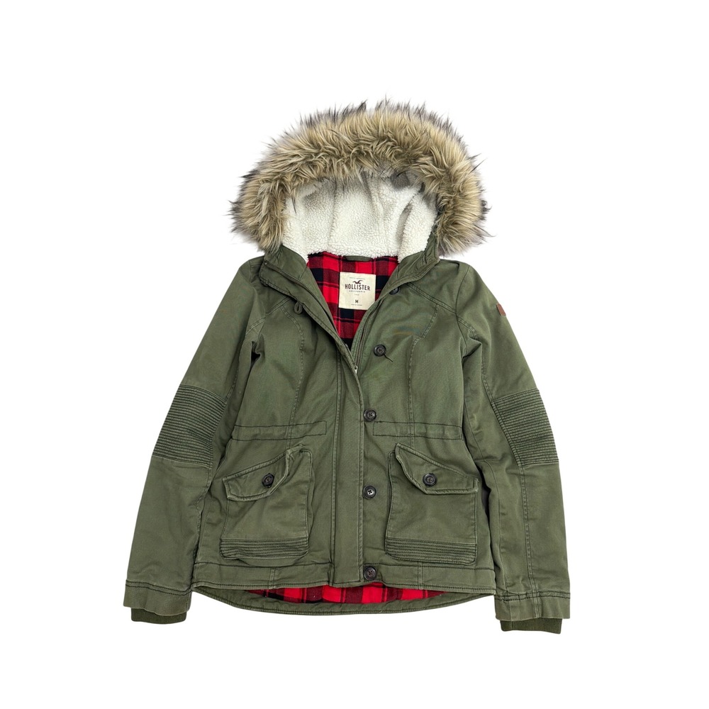 Hollister Women Olive Green Faux Fur Hood Parka Jacket Moto Sleeve Plaid Lined M